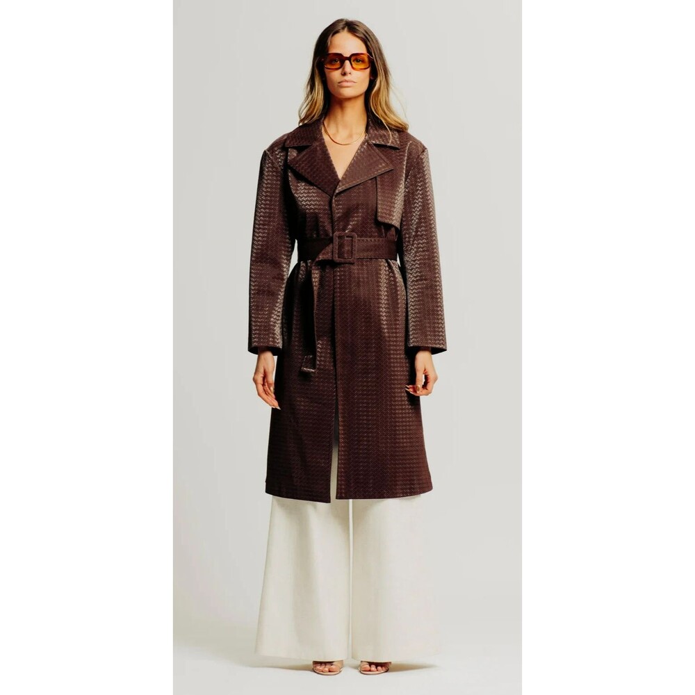 Torn By Ronny Kobo Regina Trench Coat Chocolate Brown Basket Weave Size L
